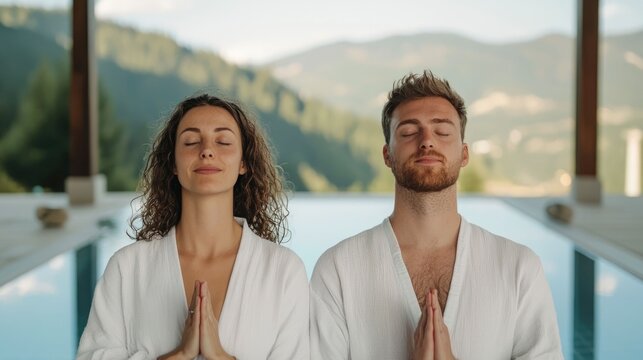 Peaceful couple meditating side by side in a spa retreat environment surrounded by a serene mountain lake landscape and lush forest backdrop  This image conveys a sense of wellness mindfulness