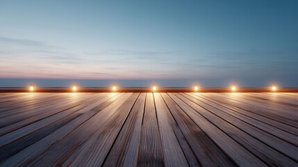 deck. A wooden patio deck at dusk with subtle warm lighting and a soft sky gradient. lifestyle magazines, social media lookbooks, designed for influencer and brand collaborations.
