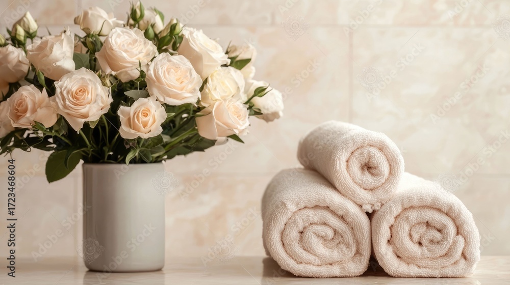 Poster luxurious spa setting with a serene and calming ambiance featuring a bouquet of fresh flowers in a m