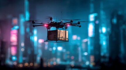 Drone Delivery in Futuristic Cityscape with Neon Lights at Night