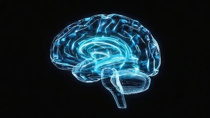 A stylized, glowing blue, digital representation of a human brain - Powered by Adobe