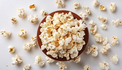overhead view of popcorn on white background