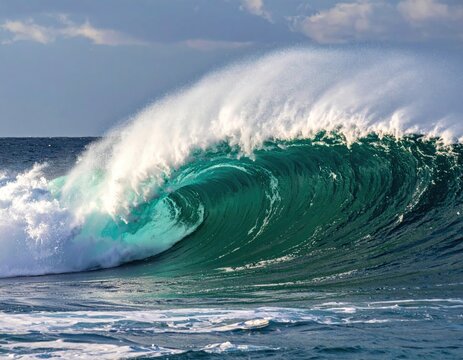 Powerful Ocean Wave Crashing with White Foamy Spray in Bright Sunlight against a Cloudy Sky and Dark Horizon - Powered by Adobe