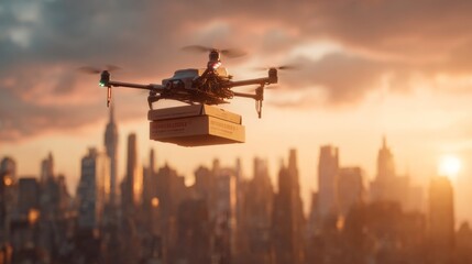 Drone Delivery Services Over Urban Landscape at Sunset