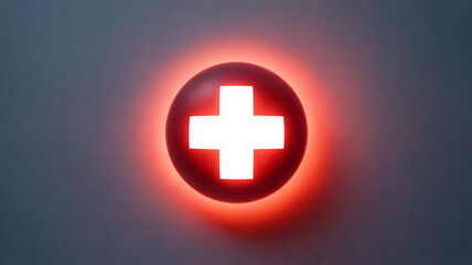 Illuminated red circular button with white cross symbol glowing against a dark background