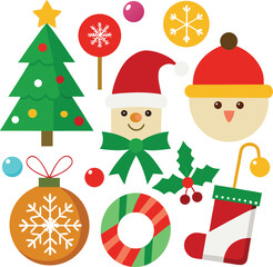 Fototapeta premium Vector art of a collection of festive christmas icons including a christmas tree, snowman, santa hat, baubles, candy cane, holly, and christmas stocking, all isolated on a