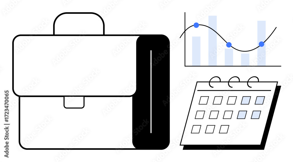 Poster briefcase near line chart and calendar emphasizing organization, scheduling, productivity, project e