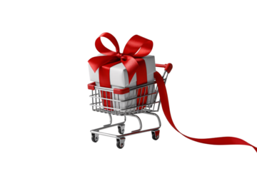 A white gift box with red ribbon in a miniature shopping cart on a black background studio shot on transparent background