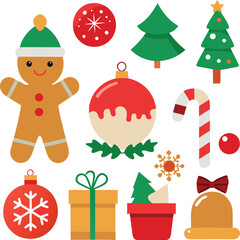 Fototapeta premium Vector art of collection of festive christmas icons including a gingerbread man, decorated christmas trees, ornaments, candy canes, and gift boxes, all isolated on a