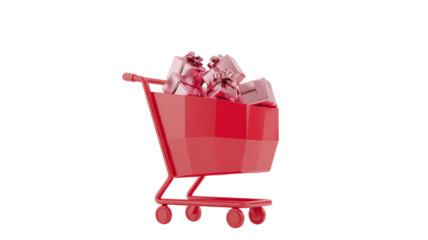 A red shopping cart full of gift boxes with ribbons on a black studio background rendering style on transparent background