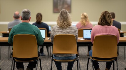 Small groups of people gathered in a classroom or meeting room during a seminar or conference engaging in discussion and on different topics and ideas