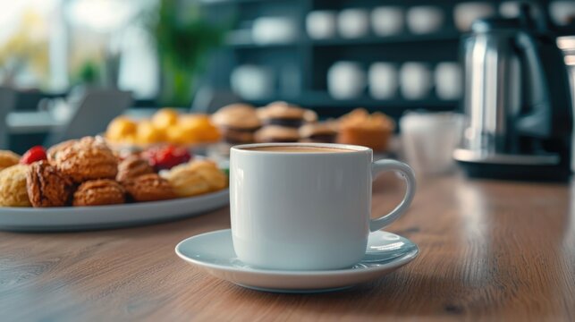 Informal seminar or conference setting with coffee cups pastries and other refreshments on a wooden table in a cozy cafe style workspace environment  The scene depicts a relaxed