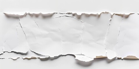 A horizontally oriented close-up shot reveals a piece of white paper, torn along its edges, exhibiting a textured, wrinkled surface against a plain white backdrop