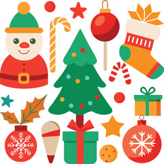 Vector art of collection of festive christmas icons including a snowman, decorated christmas tree, gift boxes, candy canes, stockings, ornaments, and snowflakes, all isolated on a