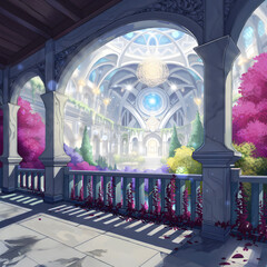 A 2D illustration of a futuristic observatory with majestic architecture, surrounded by pink trees, lush vegetation, and a giant skylight offering a view of the cosmic sky full of stars and galaxies.  © Алина Герасименко