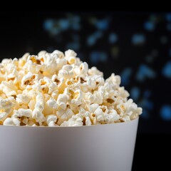 Freshly Popped Popcorn in a Crisp White Bowl Against a Dark Background