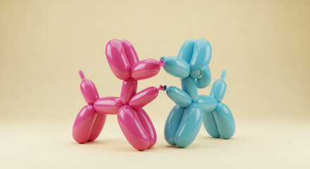 Fototapeta premium Pink and blue balloon dogs interact on a pale yellow background, showcasing a playful and lighthearted scene, ideal for children's products or celebratory themes