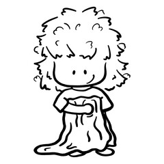 Cute girl with messy hair holding a blanket cartoon outline illustration
