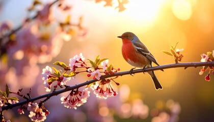 Vibrant European Robin Perched on a Cherry Blossom Branch with Sunset Glow.