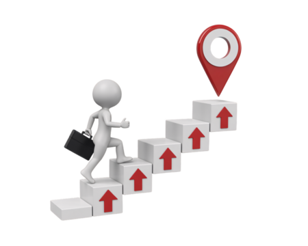 A stick figure climbing stairs towards a red location pin with a briefcase on a black background on transparent background