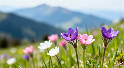 Obraz premium Spring Wildflowers: Alpine Meadow with Mountain View