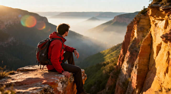 Mountain Hiking Adventure: Solo Hiker on Cliff at Sunrise