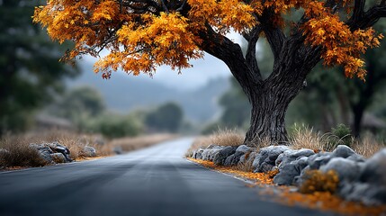 A tunnel of autumn trees arches over a straight country road, with motion blur blending the falling leaves into golden streaks. The road fades into a misty horizon.