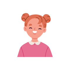 A preschool girl with a high hairstyle in a pink blouse smiling