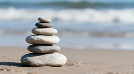 Balanced Stone Cairn on a Sandy Beach
