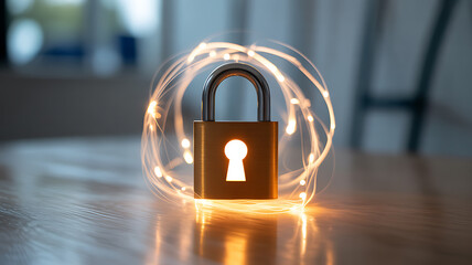 A glowing padlock surrounded by light trails on a wooden surface, symbolizing security and digital protection.