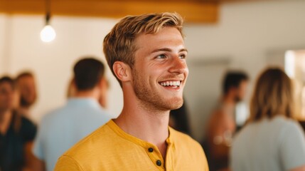 Fototapeta premium Relaxed and Casual Seminar Networking Event with Smiling Young Professional Man in Conversation with Others in Corporate or Business Setting