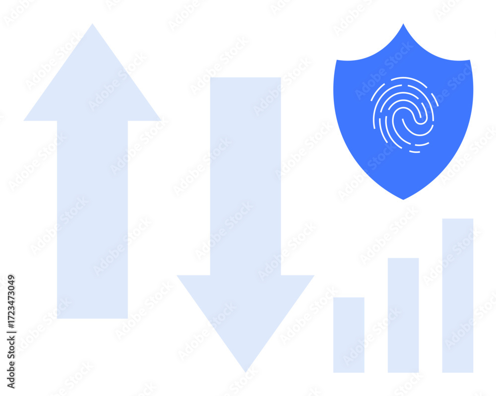 Aufkleber up and down arrows next to a fingerprint shield and bar graph. ideal for security, authentication, a