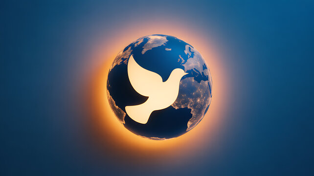 A glowing globe with a dove silhouette symbolizing peace against a dark blue background