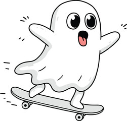 Ghost skateboard cartoon, happy spirit vector, Halloween character art, spooky trick illustration, black white graphic, playful haunted theme design