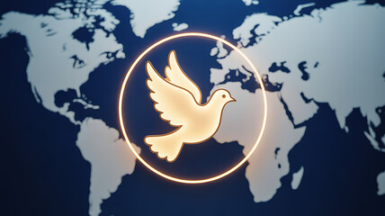 Golden dove symbol within a glowing circle over a world map background