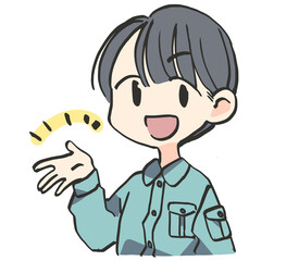 案内する作業着の男性