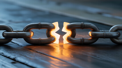 A metallic chain with a glowing break in the center, symbolizing disruption or connection, resting on a wooden surface.
