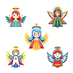 Christmas angel set icon with wings, halo, praying, flying, abstract