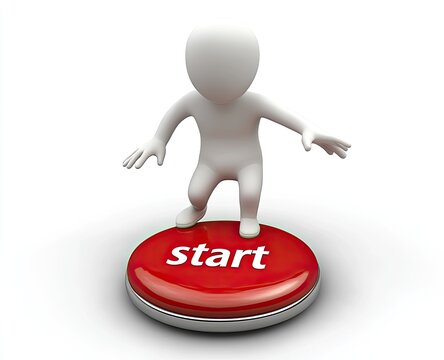 A 3D figure, light gray, is poised over a large, red button that says "Start