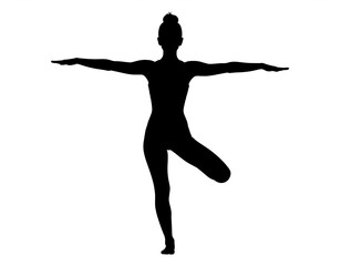 Silhouette woman in yoga balance, sportswear, arms and legs stretched apart.