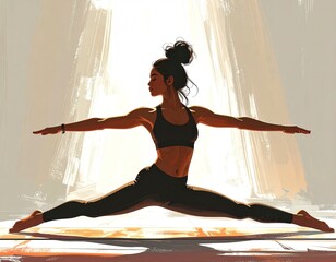Yoga pose silhouette of woman, arms extended, legs wide, ponytail hairstyle.
