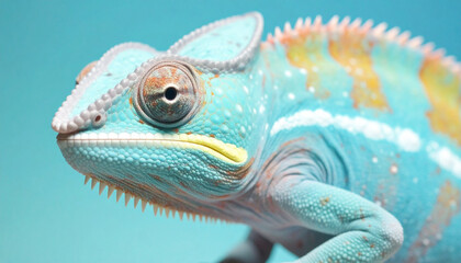 Fototapeta premium Blue chameleon with bright green details. vibrant turquoise chameleon. Chameleon with turquoise and orange tones. Bright blue chameleon under soft light. Detailed chameleon with turquoise hue