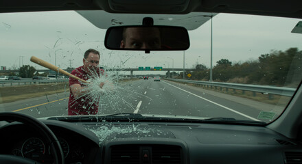 Man lost control and damaging other's car with bat, road raging scene.