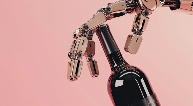 A robotic hand delicately holds a bottle of wine against a soft pink backdrop.  The metallic hand contrasts with the dark glass, suggesting a futuristic or technological theme