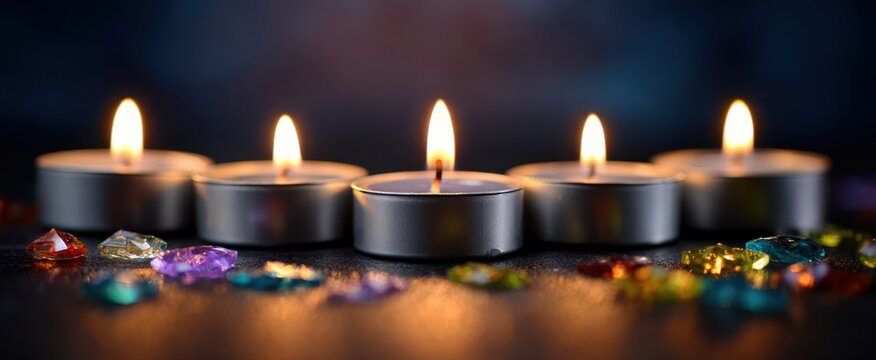 The serene glow of tealight candles surrounded by colorful gems on dark surface.