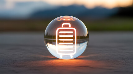 A glowing battery icon inside a transparent sphere on a paved surface at sunset