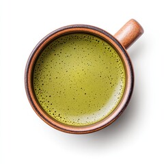 Green Matcha Drink in Brown Ceramic Cup with Foam on White Background