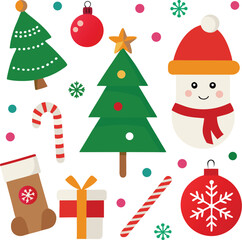 Vector art of a delightful arrangement of christmas elements including a snowman, a christmas tree, a stocking, gifts, candy cane, and ornaments, all isolated on a
