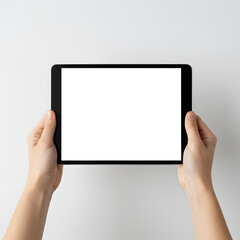 Tablet mockup held in two hands with blank screen on white background