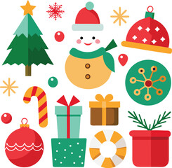 Vector art of a festive assortment of christmas elements featuring a pine tree, snowman, candy cane, gift boxes, ornaments, and snowflakes, presented on a clean